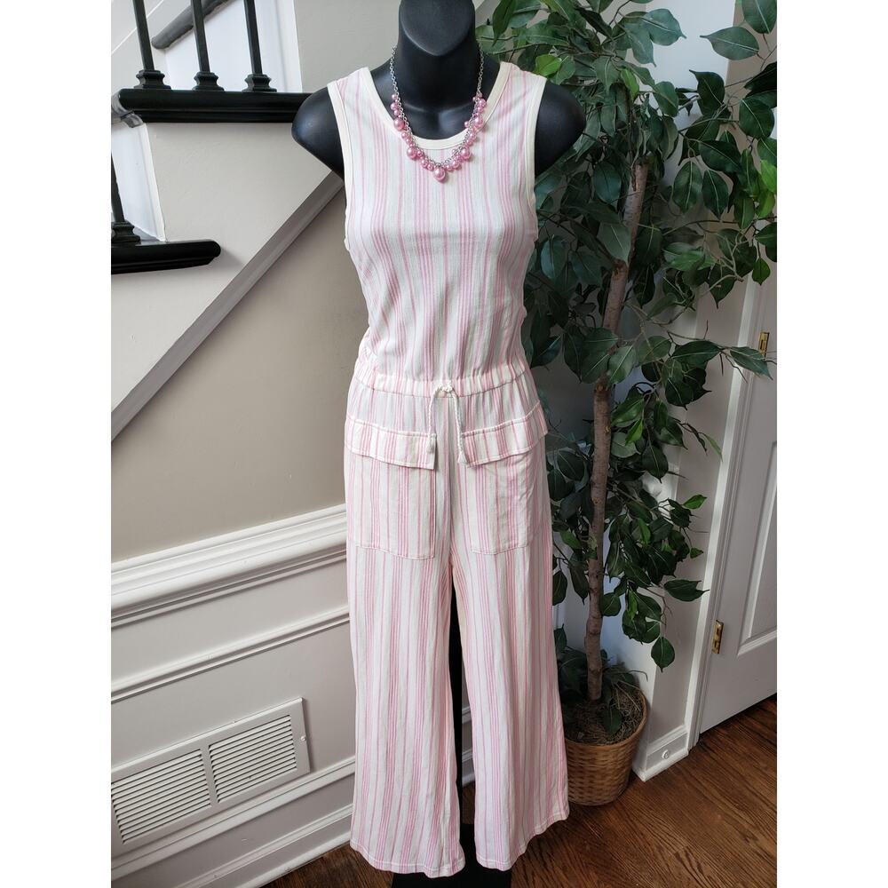 PRIMARK Jumpsuit Womens Size 13/14 White Pink Striped Pockets Drawstring Waist